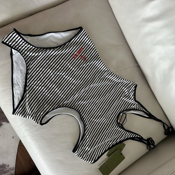 NEW GUCCI STRETCH-JERSEY WEAVE LOGO EMBROIDERY CUT-OUT Striped SWIMSUIT Sz XL - Picture 9 of 9